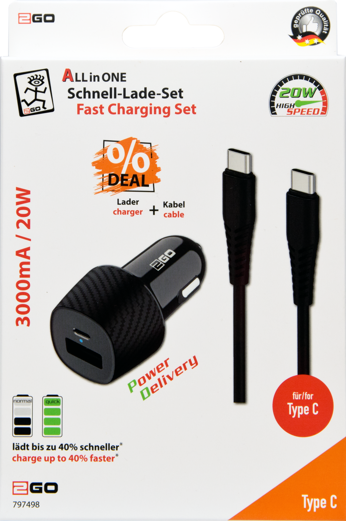 2GO KFZ-Ladegerät 20W USB-C inkl. Kabel 100cm  Fast Charge