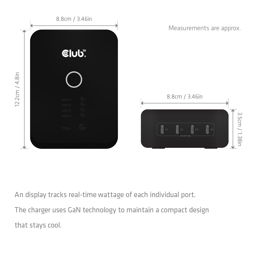 Club3D Ladegerät   4xUSB Typ C            PD3.1 240W, GaN retail