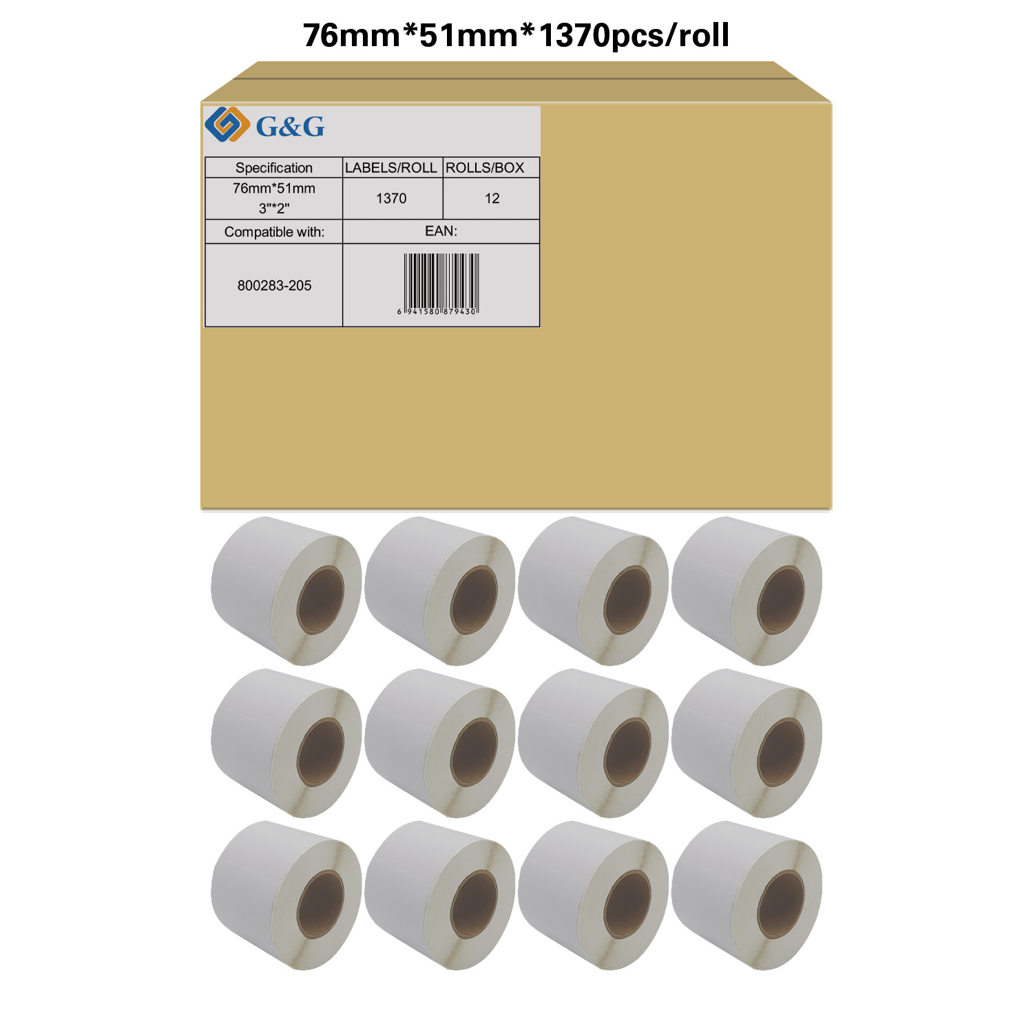 G&G Zebra 800283-205 12x1370 Et. 76x51mm Thermopapier perf. Druckerzubehör