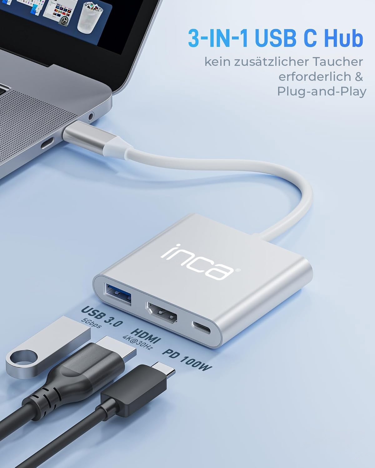 INCA Adapter USB-C->2xHDMI/USB-C3.0/USB-A2.0/PD 100W    weiß