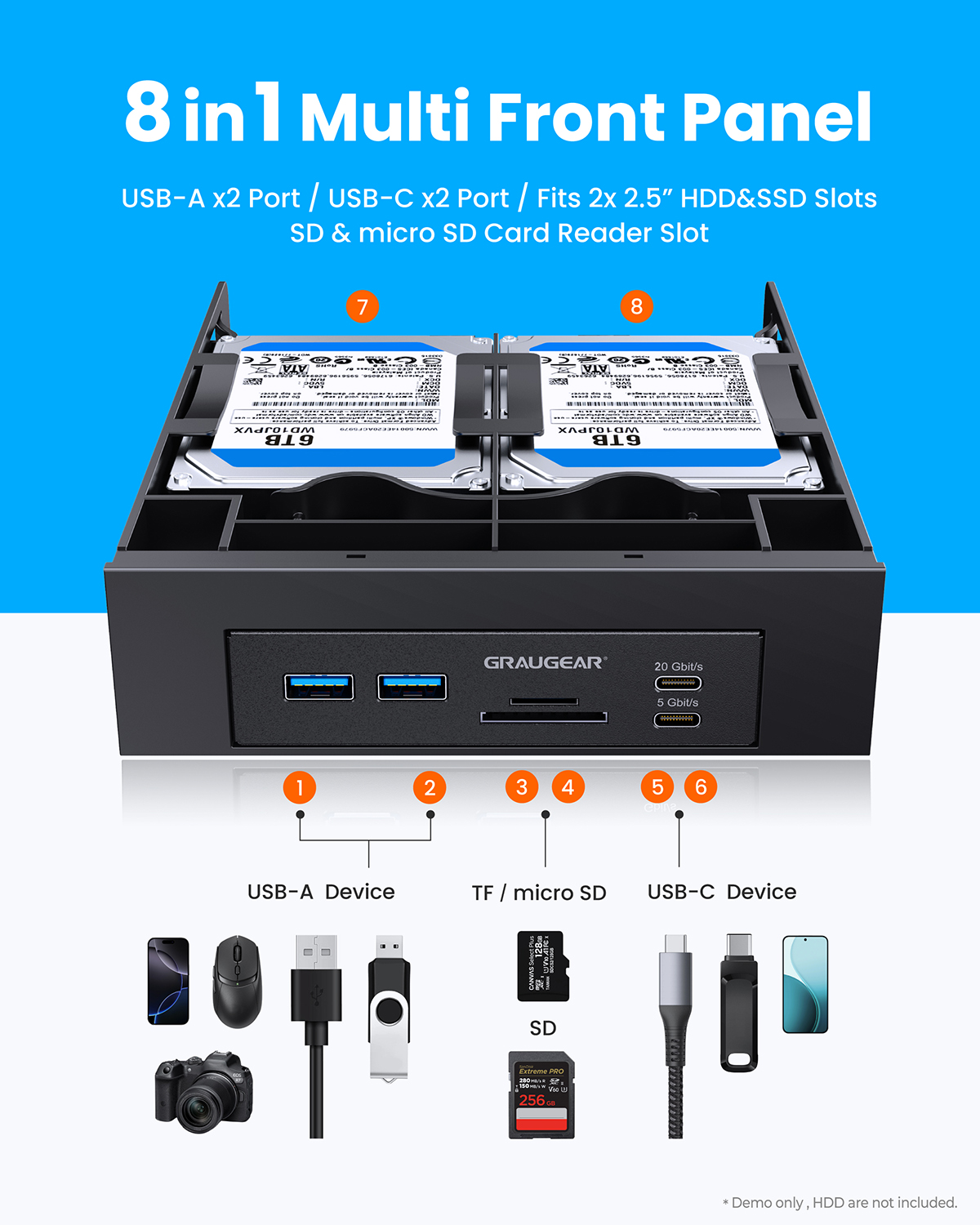 GRAUGEAR USB-HUB+Kartenleser Frontpanel m. 2,5 SSD Rahmen