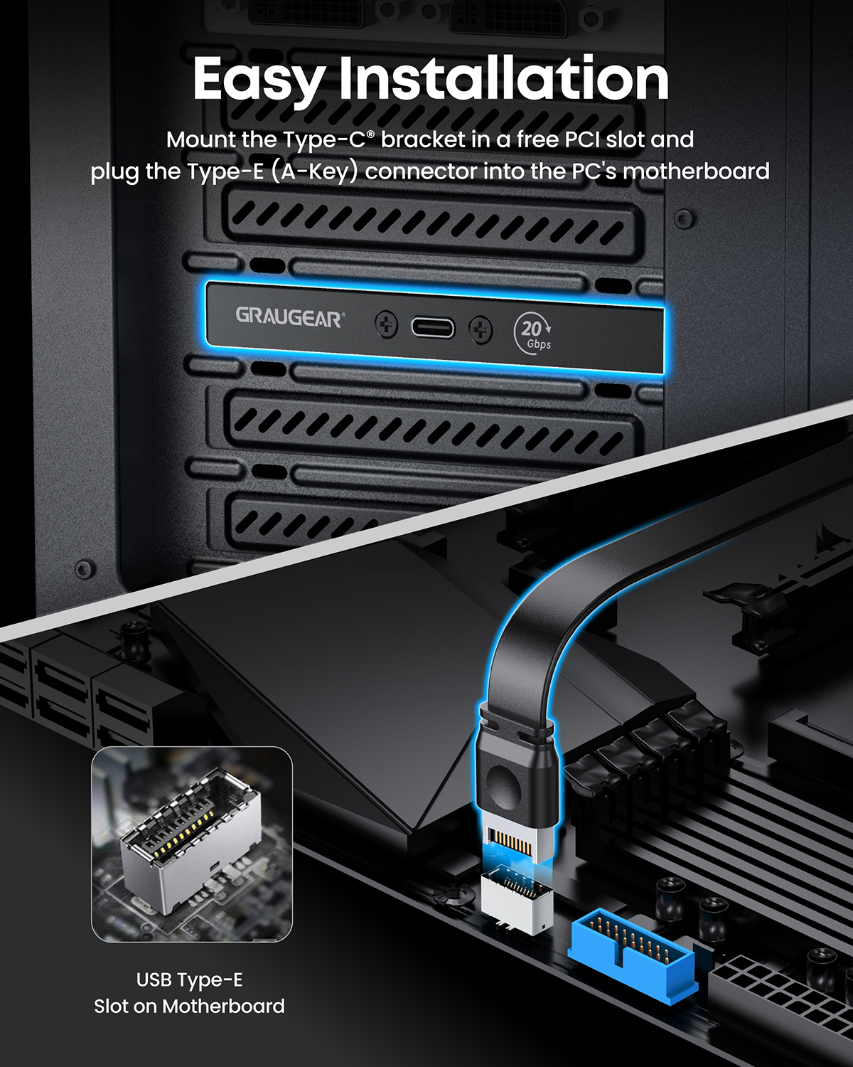 GRAUGEAR Erweiterungskabel USB-C m. PCI Slotblech PC-Gehäuse